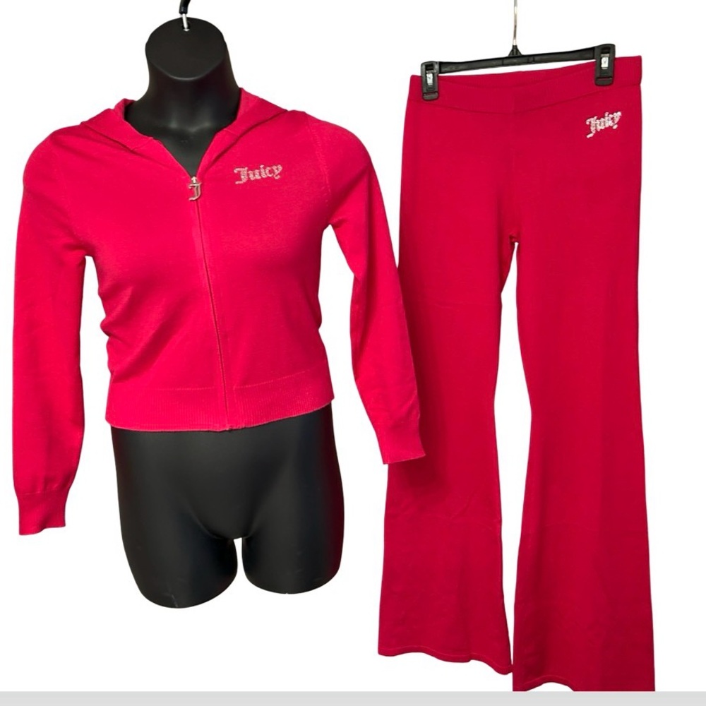 JUICY COUTURE VIXEN PINK BLING RHINESTONE SWEATER BELLBOTTOM FLARE SWEATSUIT NWT